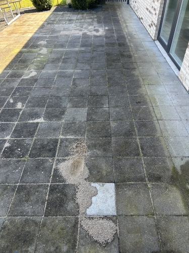 Mørk terrasse før fliserens med alger og snavs mellem fliserne