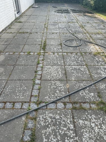 Terrasse før fliserens med synlige alger og misfarvninger på overfladen